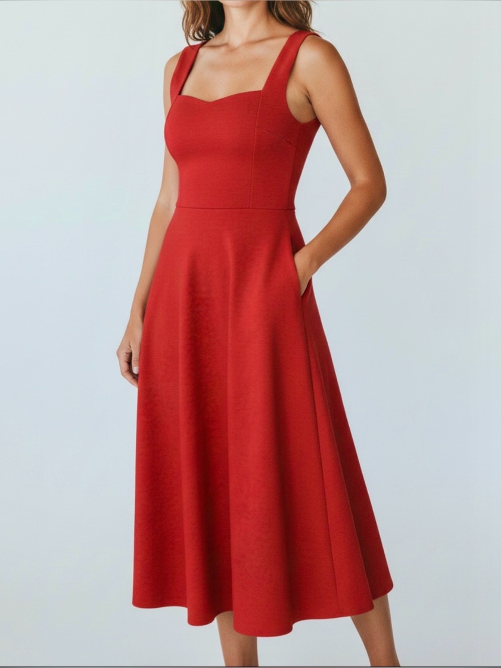 Red Sweetheart Neck Midi Dress With Pockets